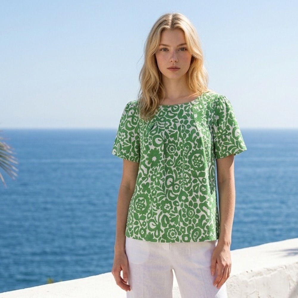 Melloday Green White Floral Paisley Pleated Short Sleeve Blouse Medium CET204742